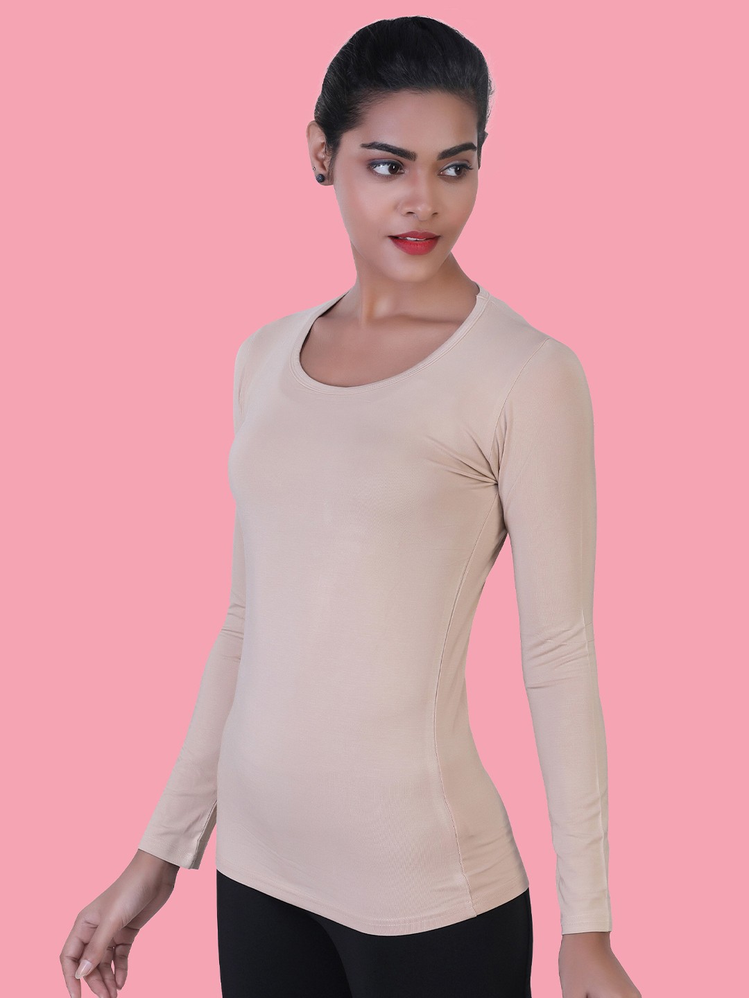 

LAASA SPORTS Women Beige V-Neck Raw Edge Slim Fit Training or Gym T-shirt