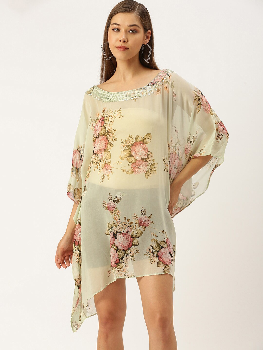 

Sanwara Green Floral Georgette A-Line Dress