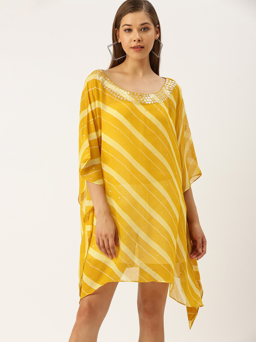 

Sanwara Yellow Striped Georgette A-Line Dress