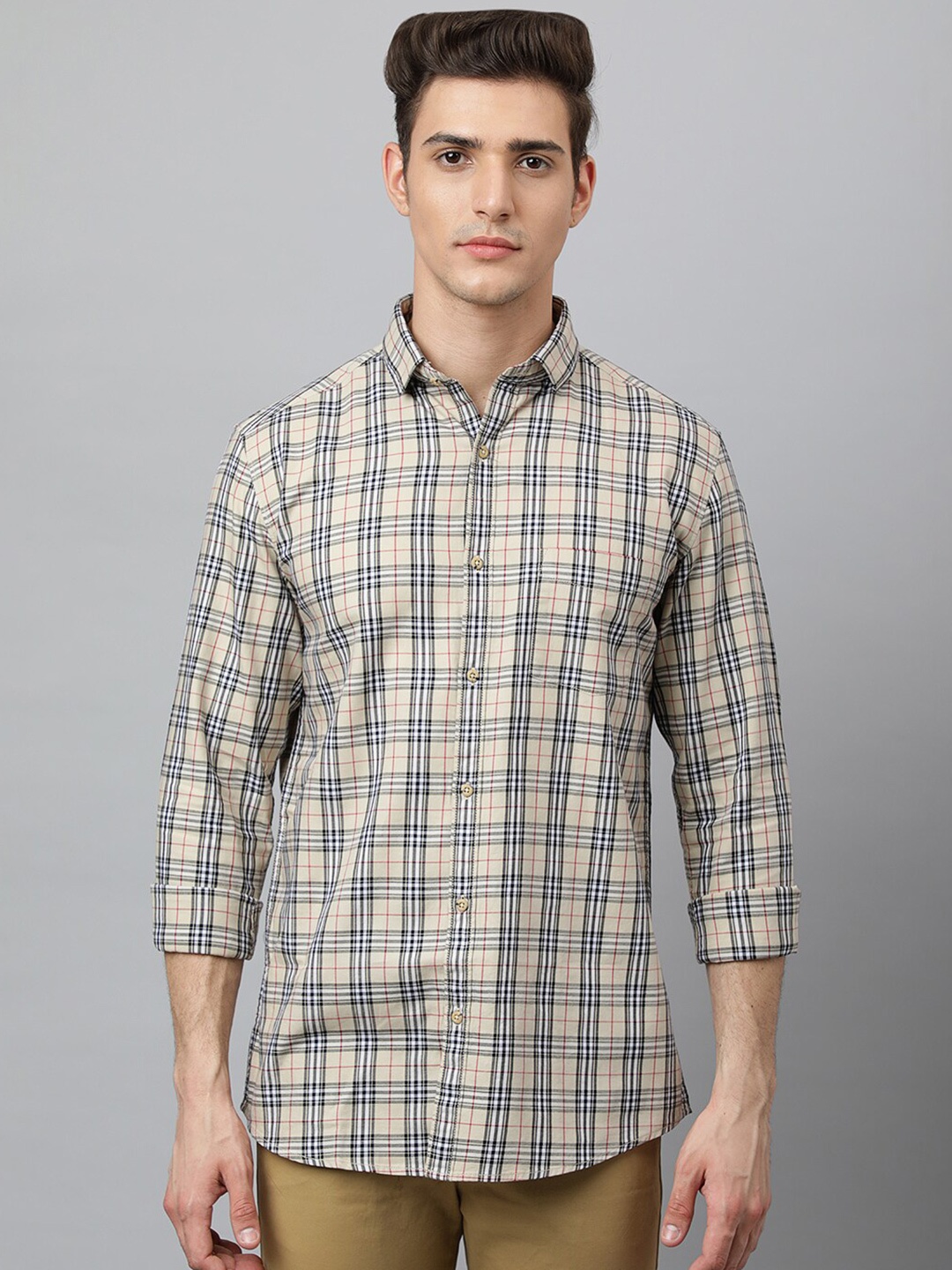 

Richlook Men Beige Slim Fit Tartan Checks Checked Casual Shirt
