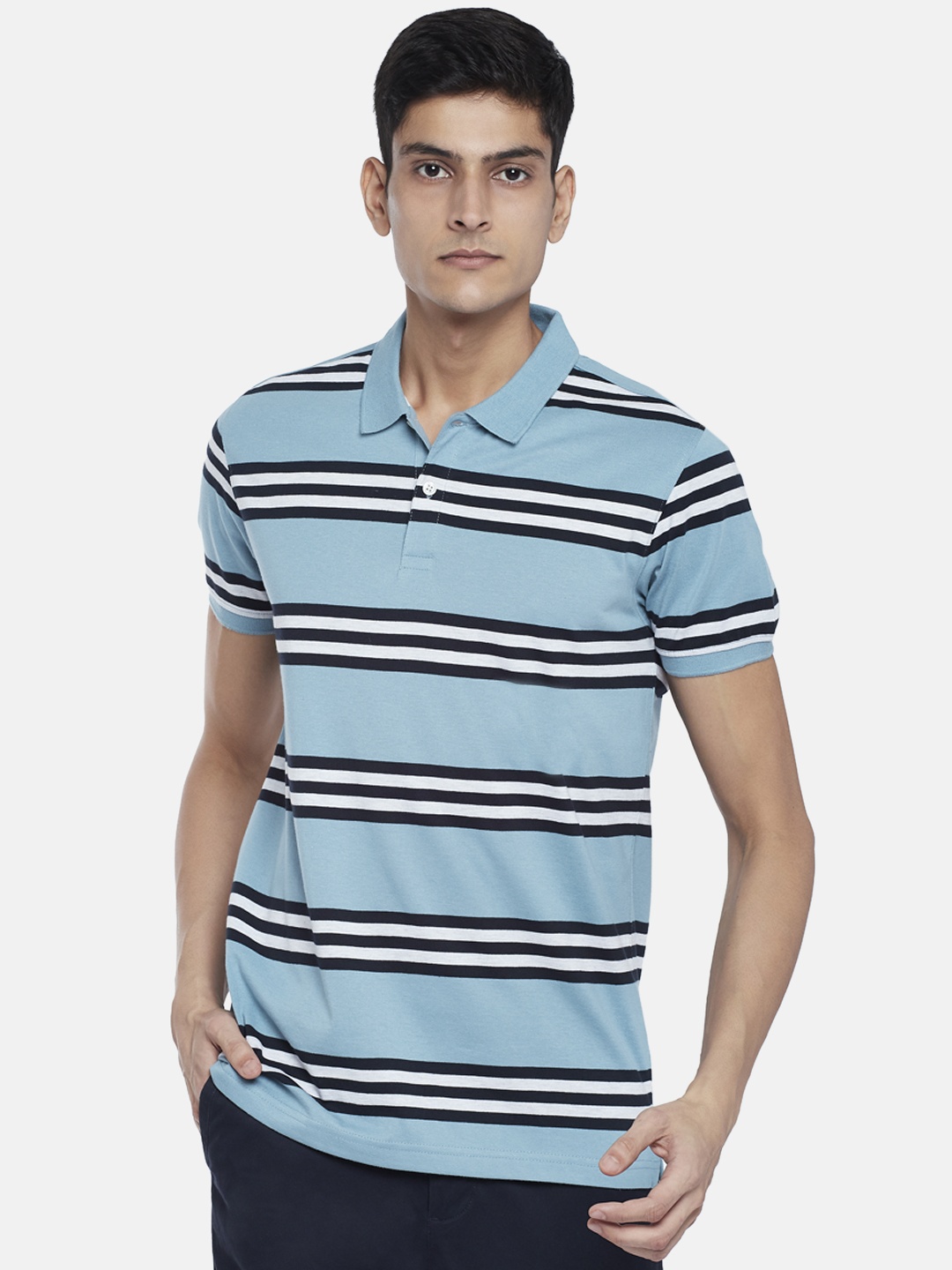 

BYFORD by Pantaloons Men Blue & dark sapphire Striped Polo Collar Slim Fit Outdoor T-shirt