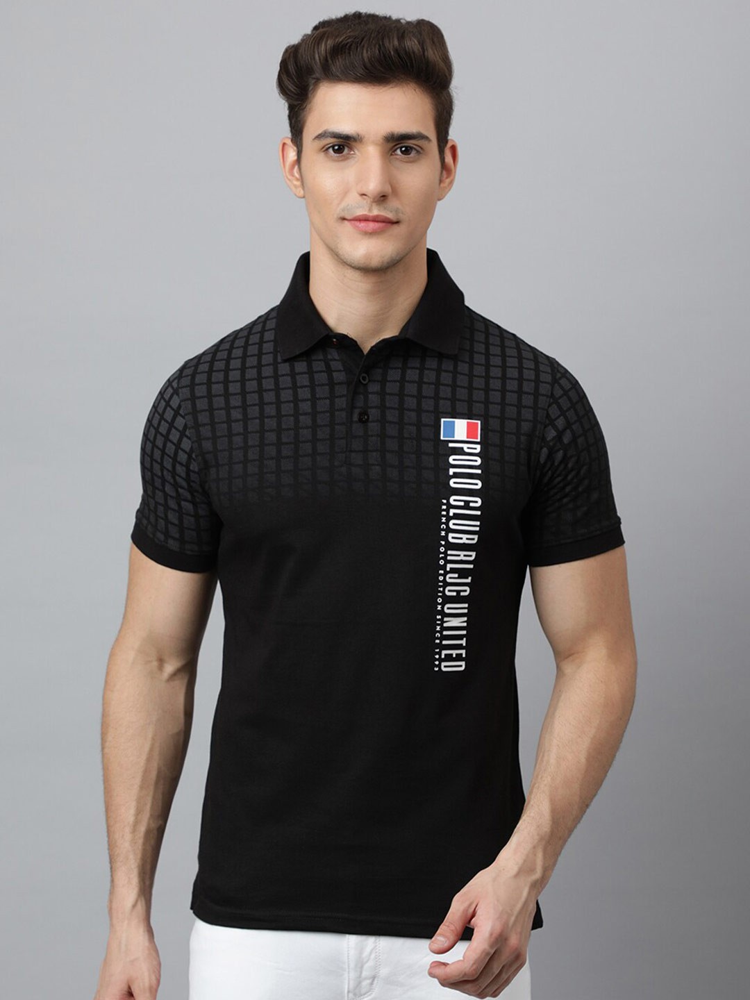 

Richlook Men Black & chinese black Typography Printed Polo Collar Applique T-shirt