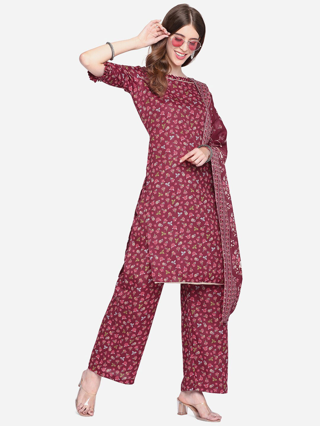 

SHAVYA Women Burgundy Floral Printed Kurta With Palazzos & Dupatta
