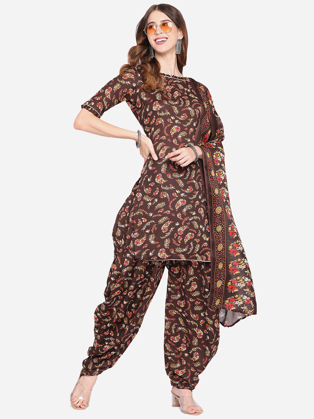 

SHAVYA Coffee Brown & Red Printed Unstitched Dress Material