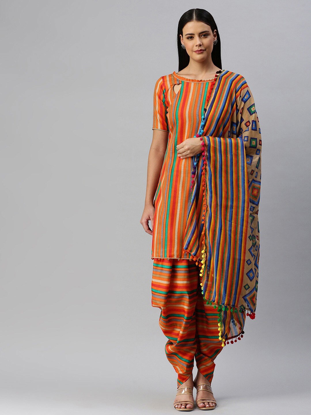 

SHAVYA Orange & Green Printed Unstitched Dress Material