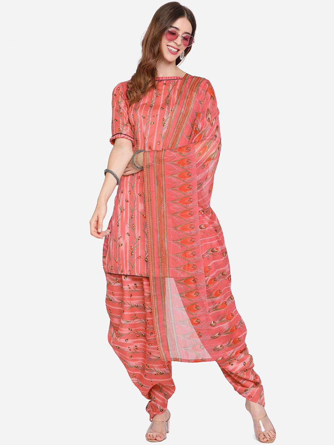 

SHAVYA Pink & Green Printed Unstitched Dress Material