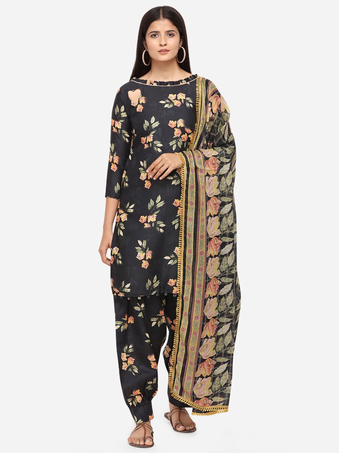 

SHAVYA Black & Peach-Coloured Floral Printed Unstitched Dress Material