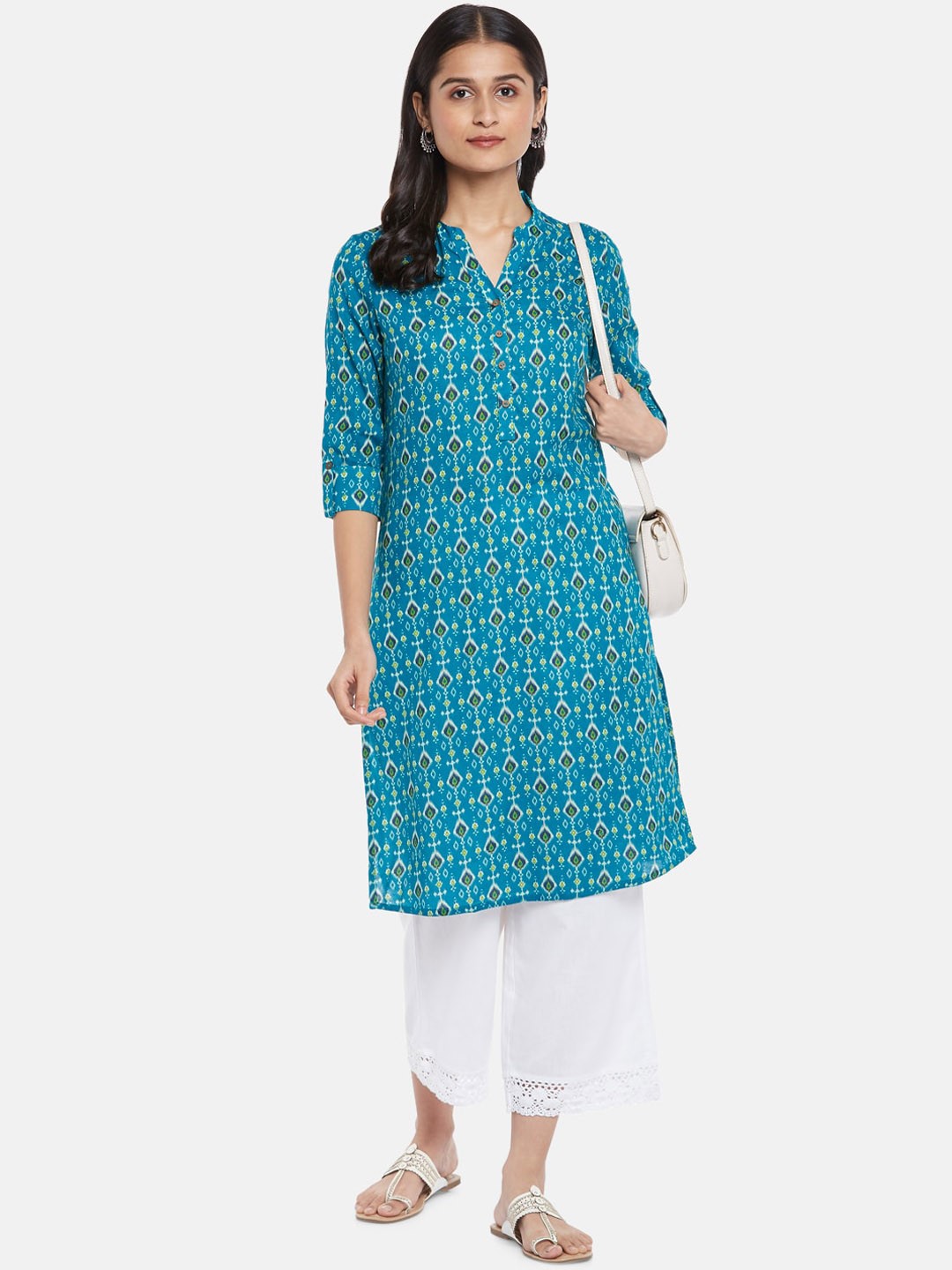 

RANGMANCH BY PANTALOONS Women Green Geometric Printed Thread Work Kurta