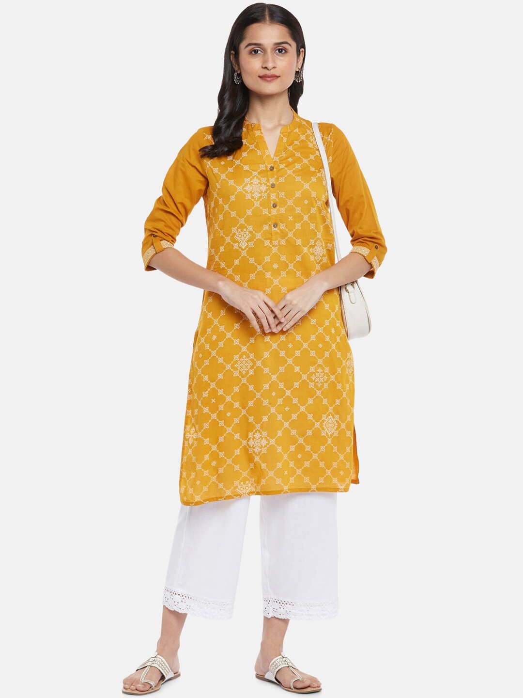 

RANGMANCH BY PANTALOONS Women Mustard Yellow Ethnic Motifs Checked Keyhole Neck Kurta