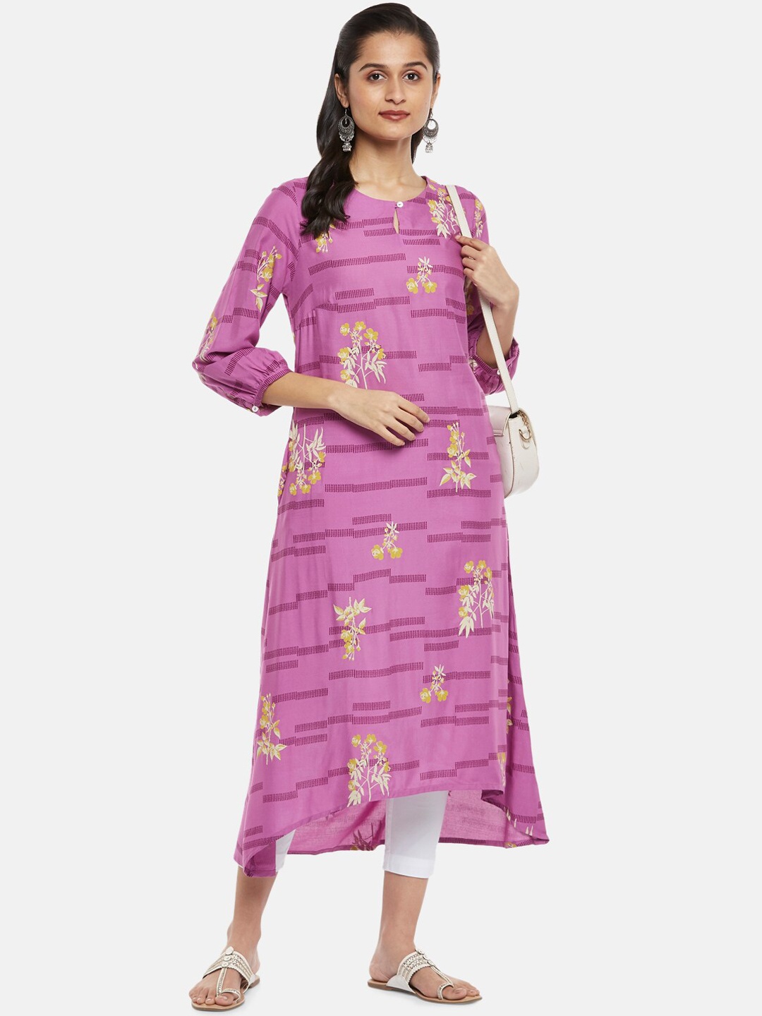 

RANGMANCH BY PANTALOONS Women Mauve Printed Keyhole Neck Flared Sleeves Kurta