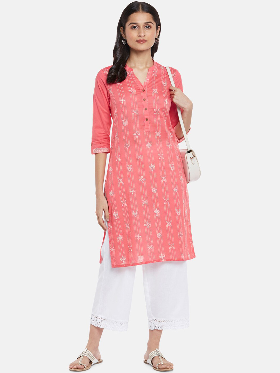 

RANGMANCH BY PANTALOONS Women Pink Ethnic Motifs Printed Thread Work Kurta