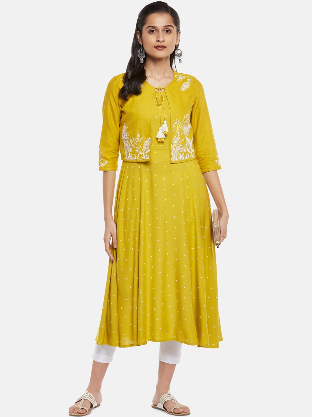 

RANGMANCH BY PANTALOONS Women Mustard Yellow Ethnic Motifs Embroidered Keyhole Neck Flared Sleeves Anarkali Kurta