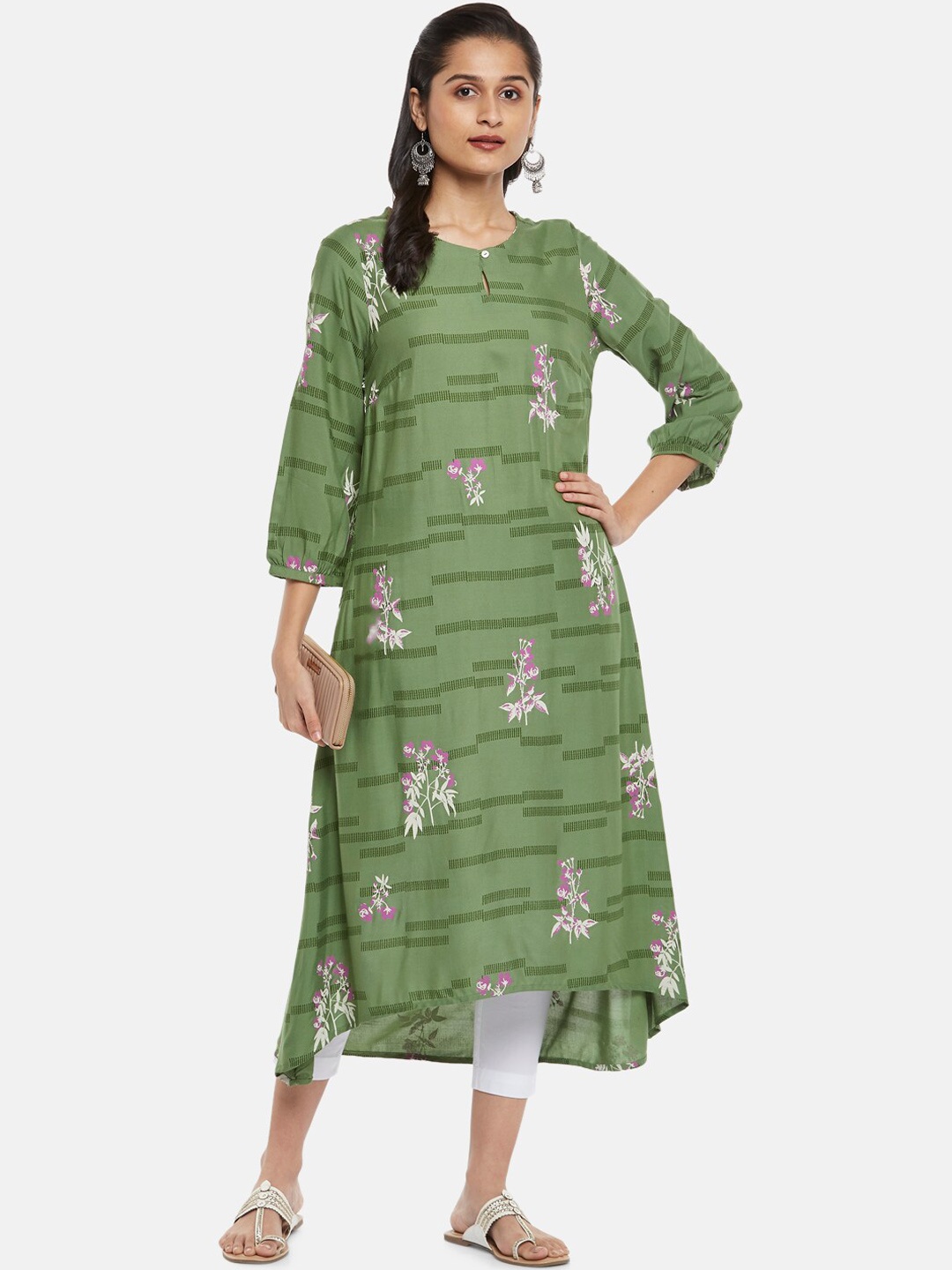 

RANGMANCH BY PANTALOONS Women Green Striped Keyhole Neck Flared Sleeves Kurta