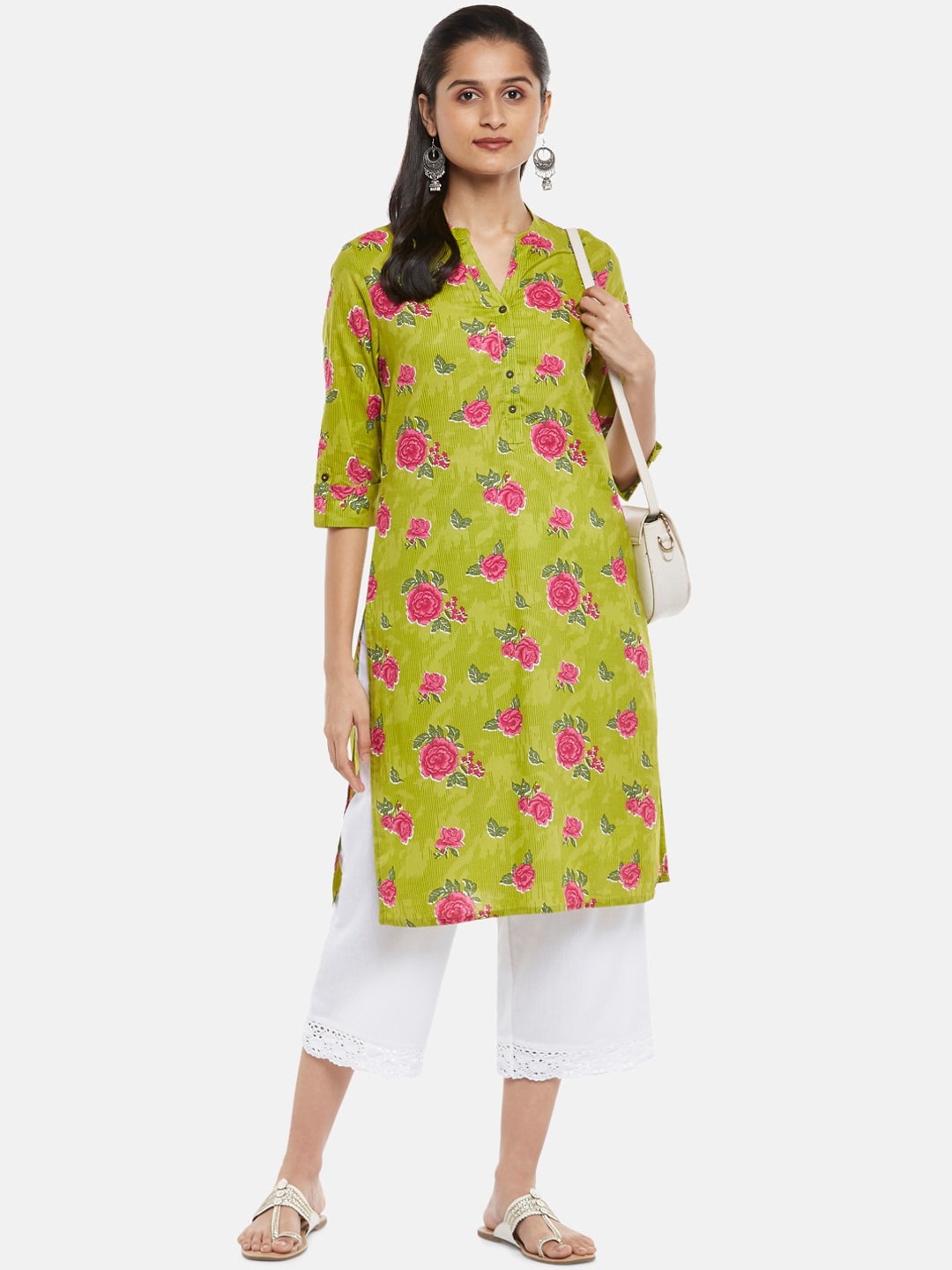 

RANGMANCH BY PANTALOONS Women Lime Green Floral Embroidered Thread Work Kurta