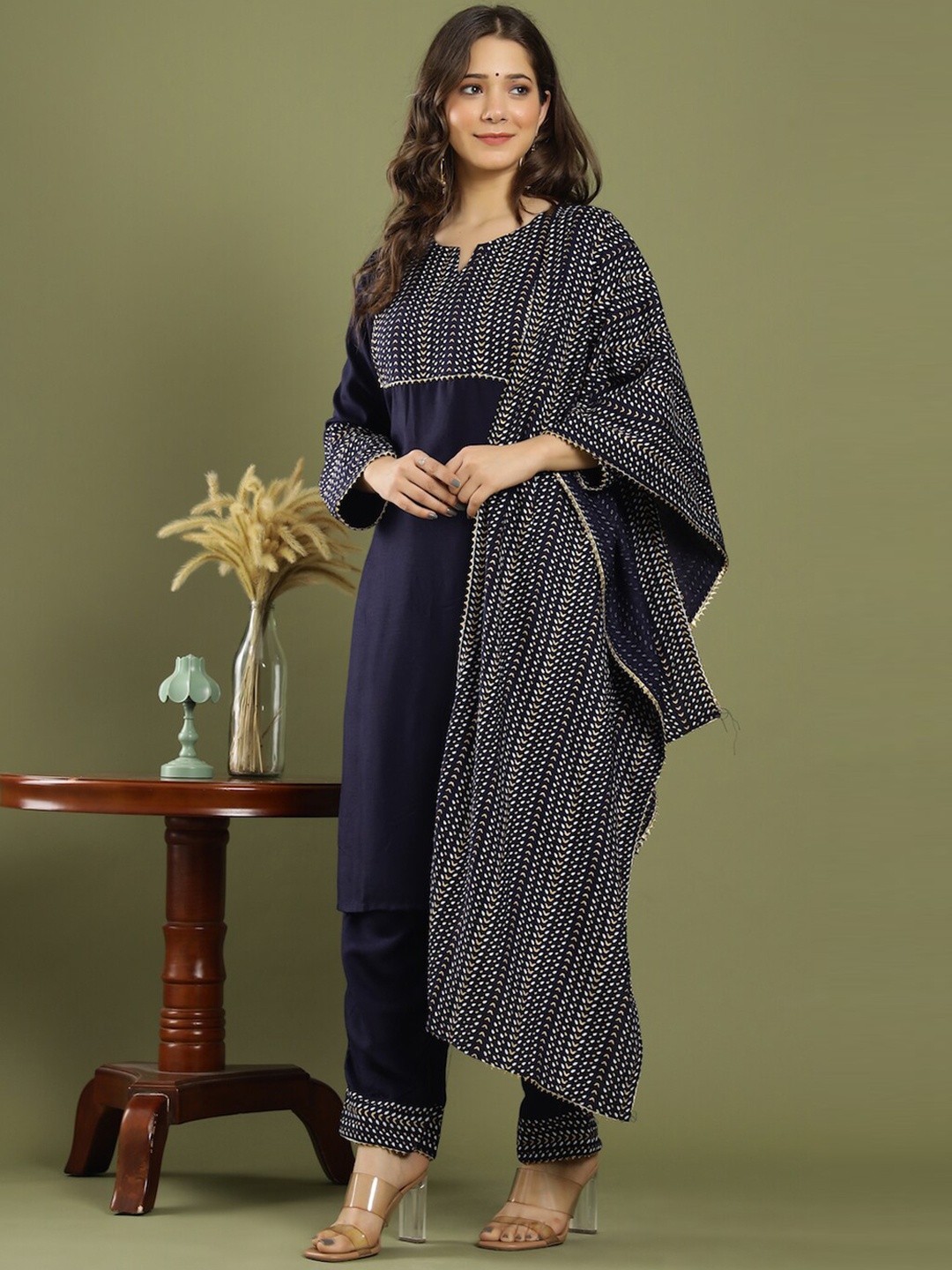 

KEEP CART Women Navy Blue Printed Kurta with Salwar & With Dupatta