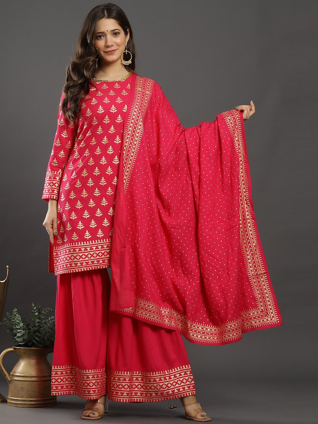 

KEEP CART Women Pink Ethnic Motifs Printed Kurti with Sharara & Dupatta