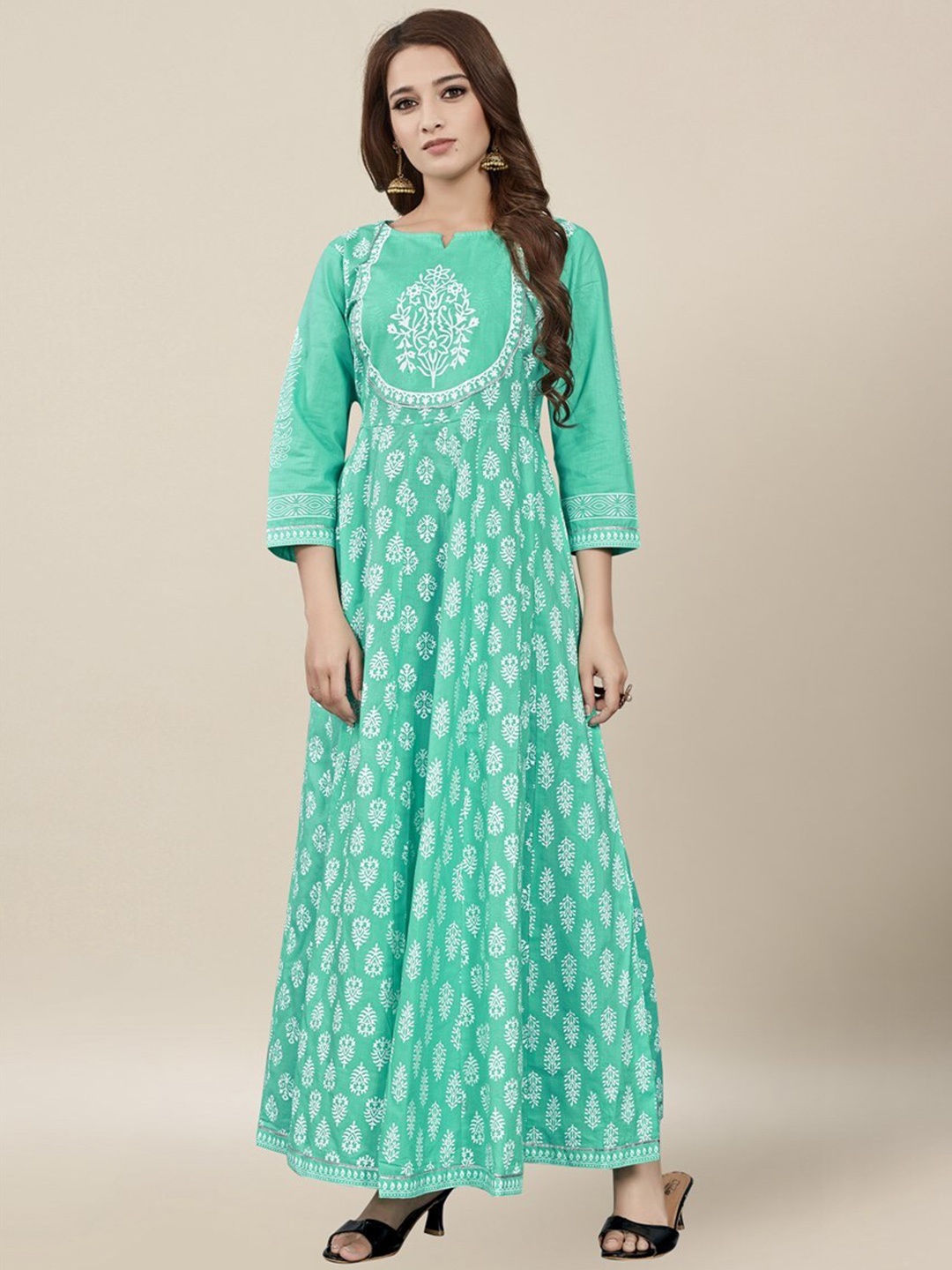 

Vedic Green & Green Ethnic Motifs Printed Pure Cotton Anarkali Kurti