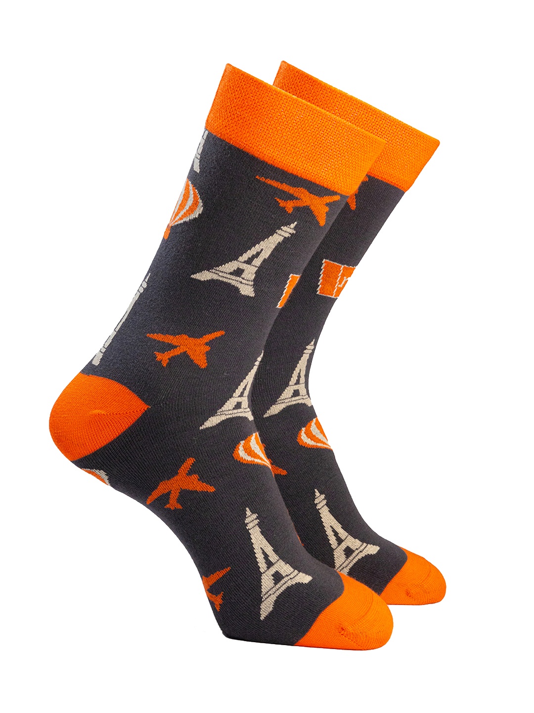 

Man Arden Men Dark Grey & Orange Printed Pretty Paris Edition Designer Calf Length Socks