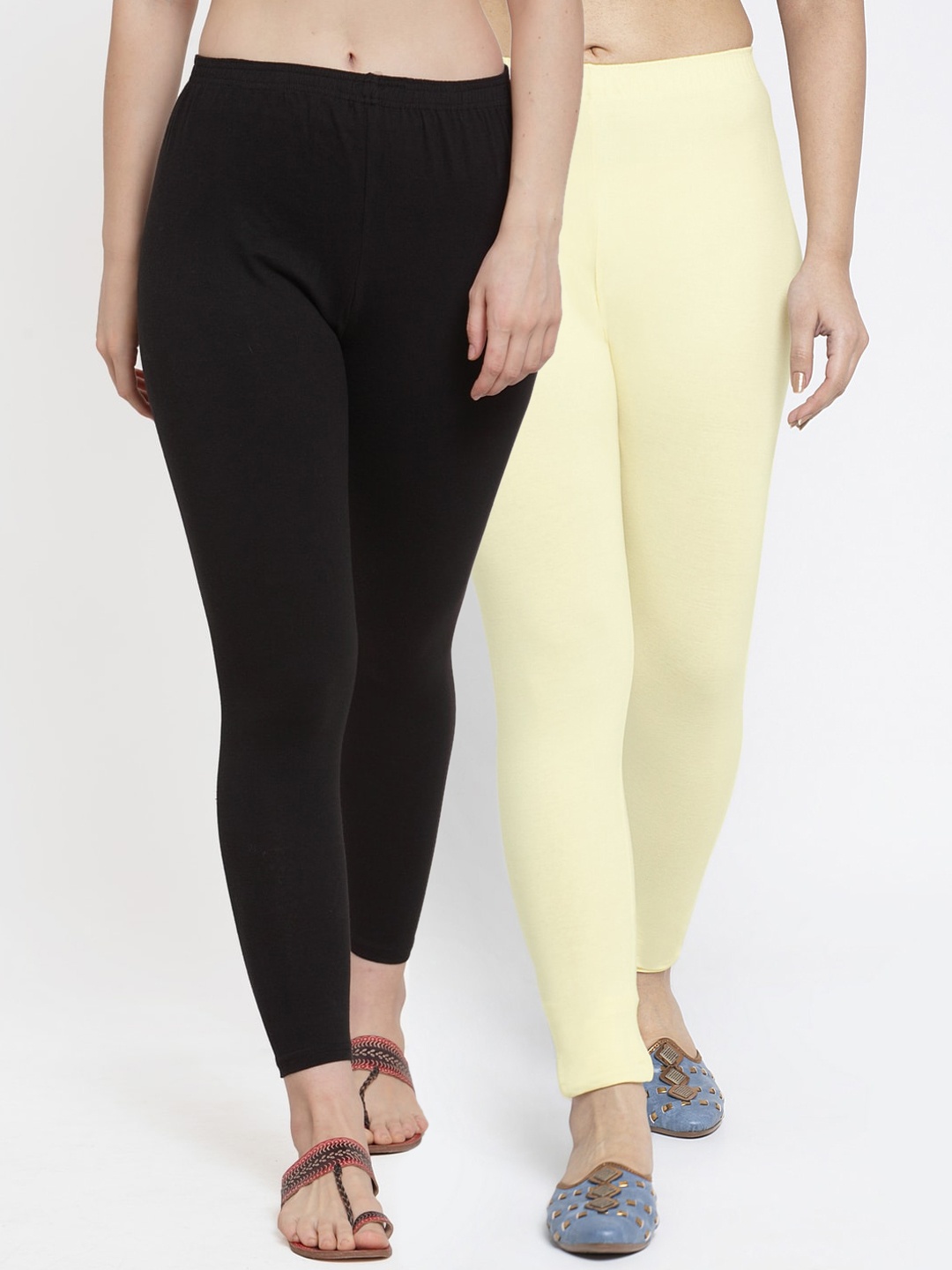 

Jinfo Women Pack Of 2 Black & Cream Colored Ankle -Length Leggings