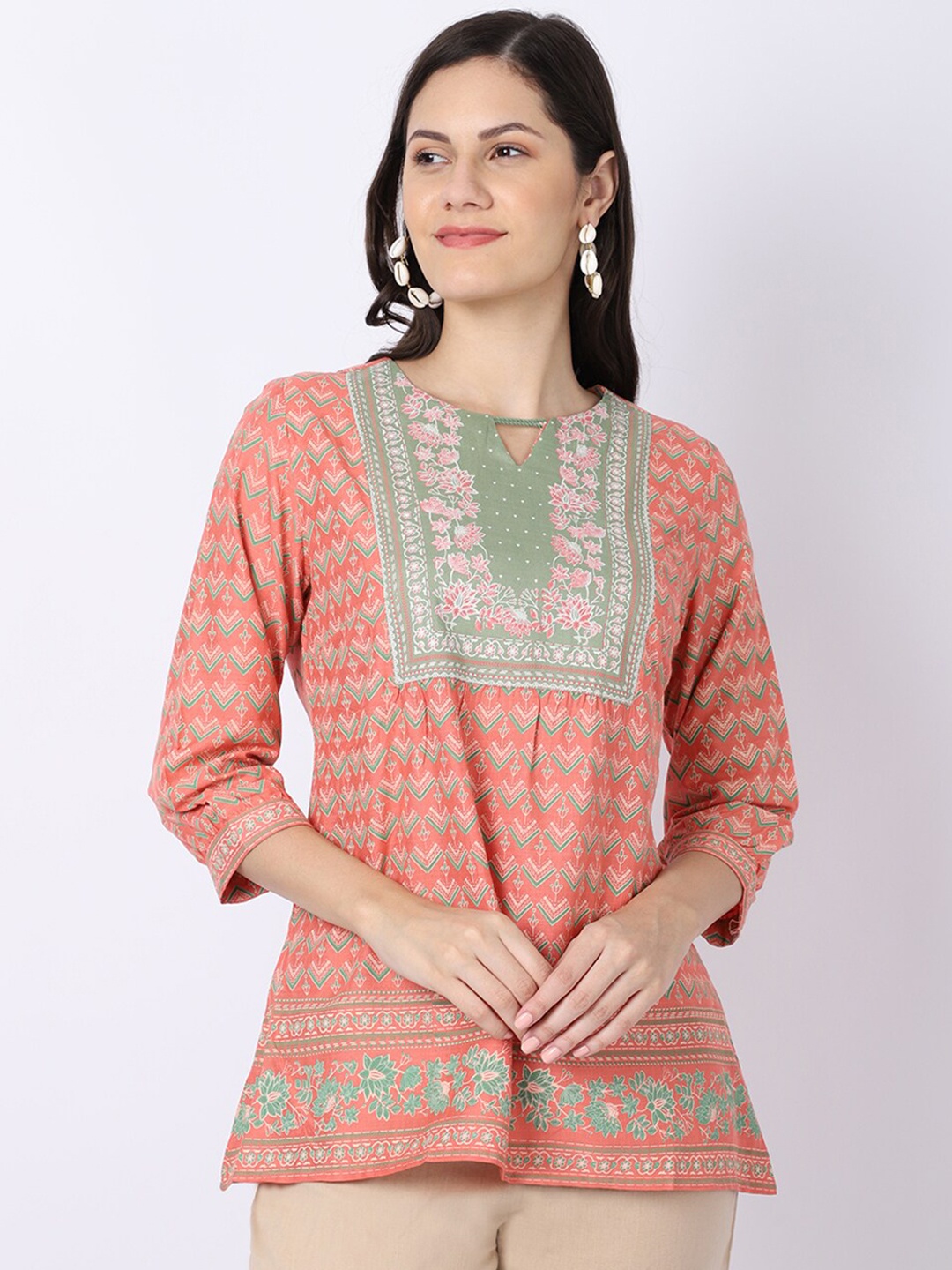 

Cantabil Coral & Green Printed Tunic