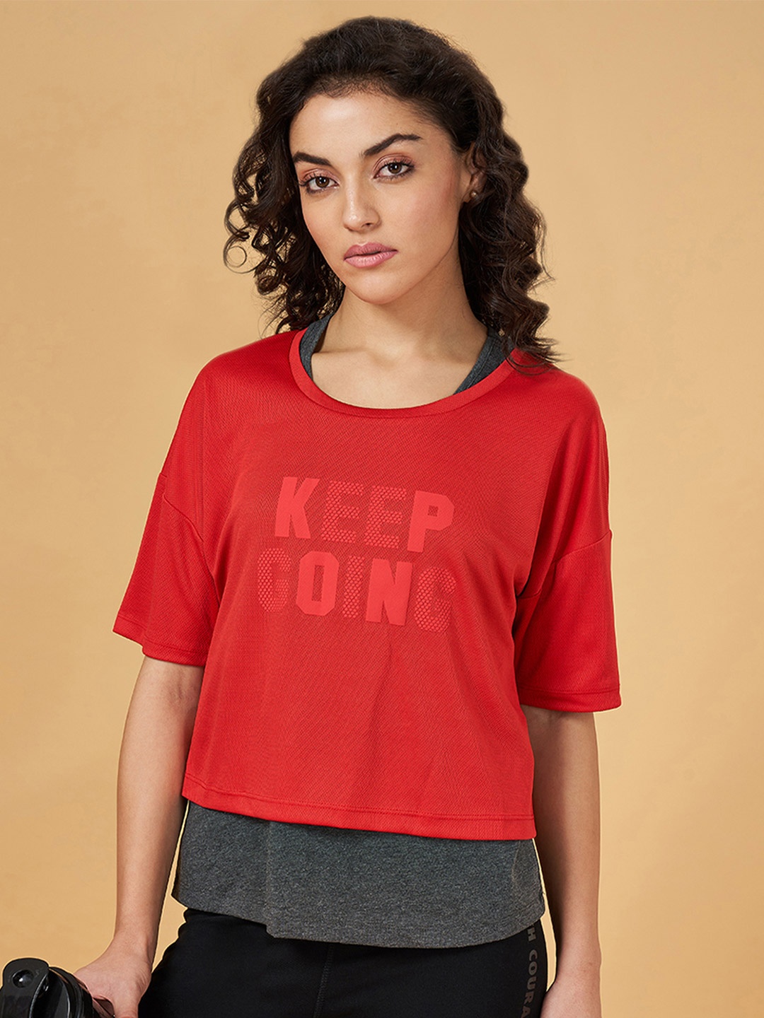 

Ajile by Pantaloons Women Red Typography Printed Drop-Shoulder Sleeves T-shirt