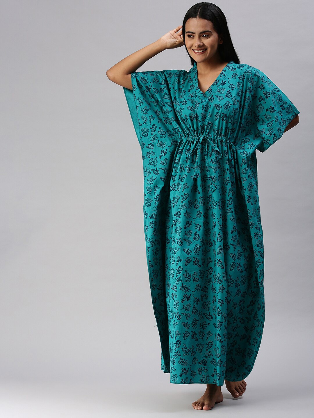 

Kryptic Women Green Printed Cotton Maxi Nightdress
