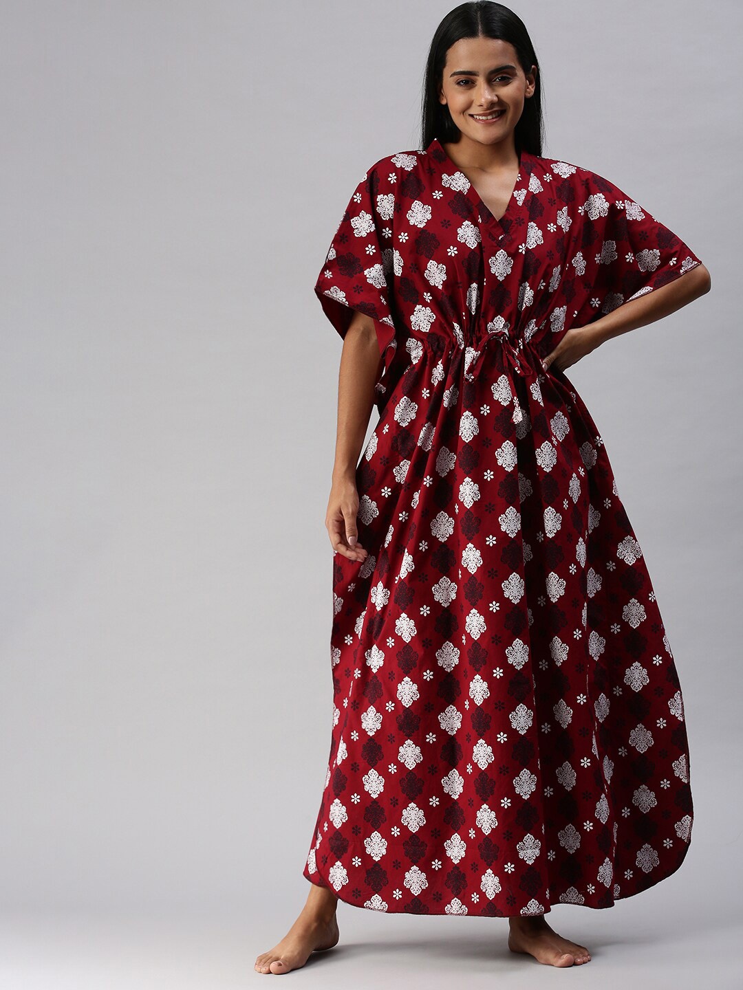 

Kryptic Maroon Printed Cotton Kaftan Maxi Nightdress