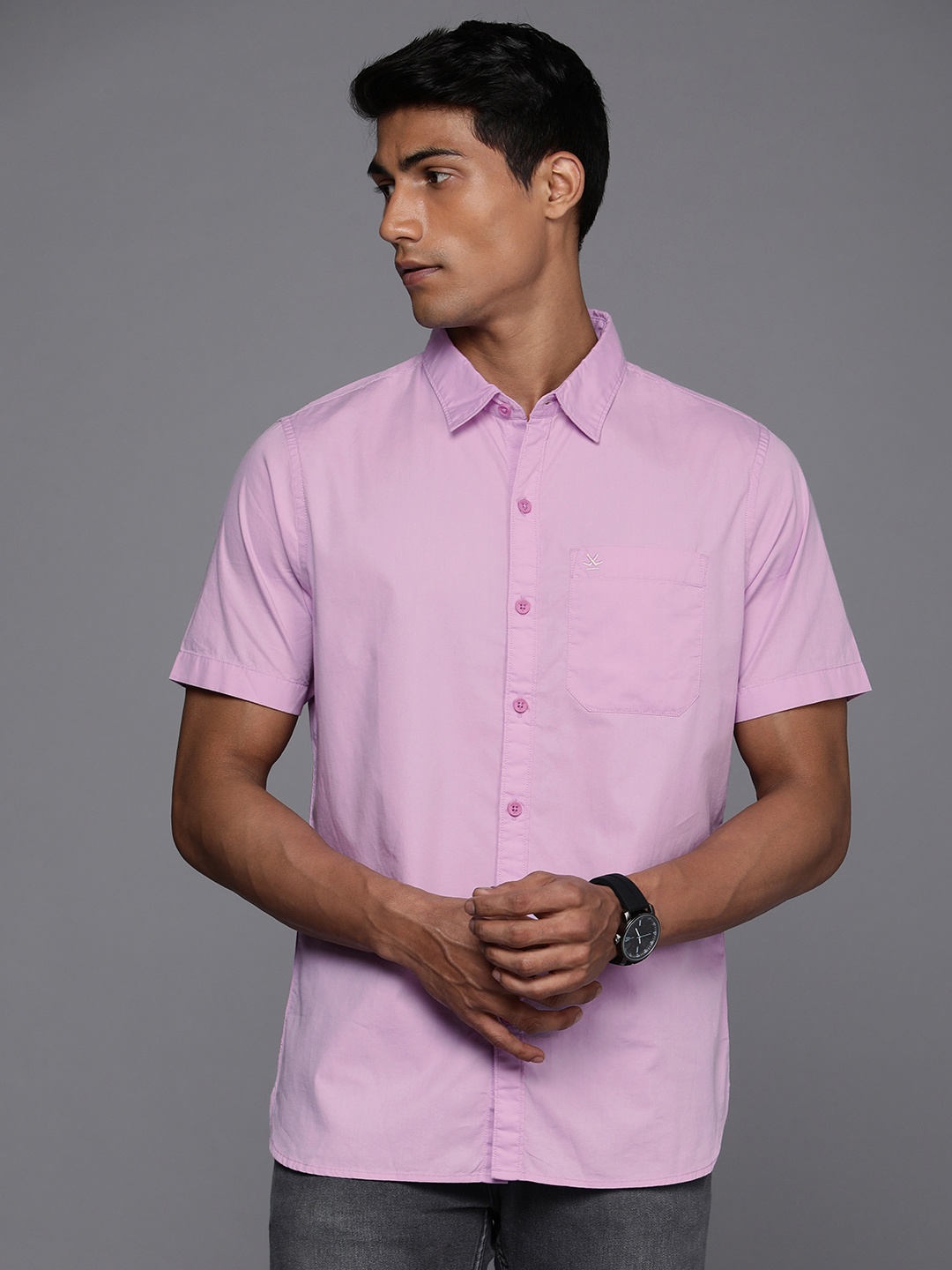 

WROGN Men Lavender Solid Short Sleeves Slim Fit Pure Cotton Casual Shirt