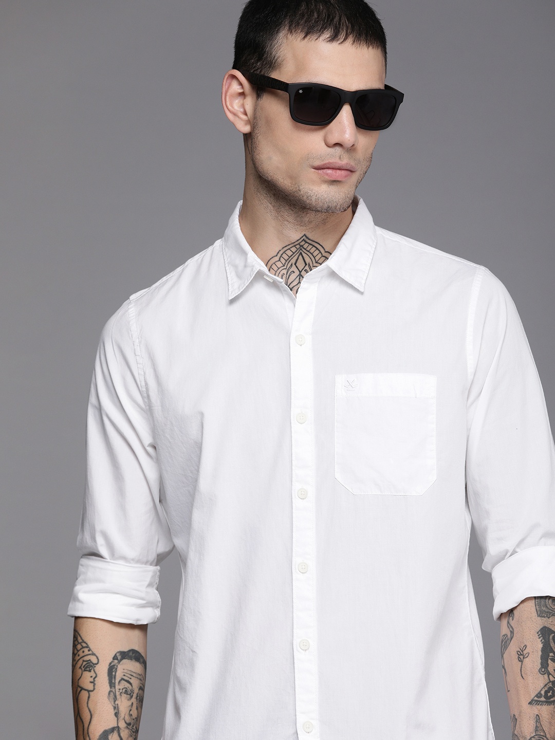 

WROGN Men White Solid Slim Fit Pure Cotton Casual Shirt