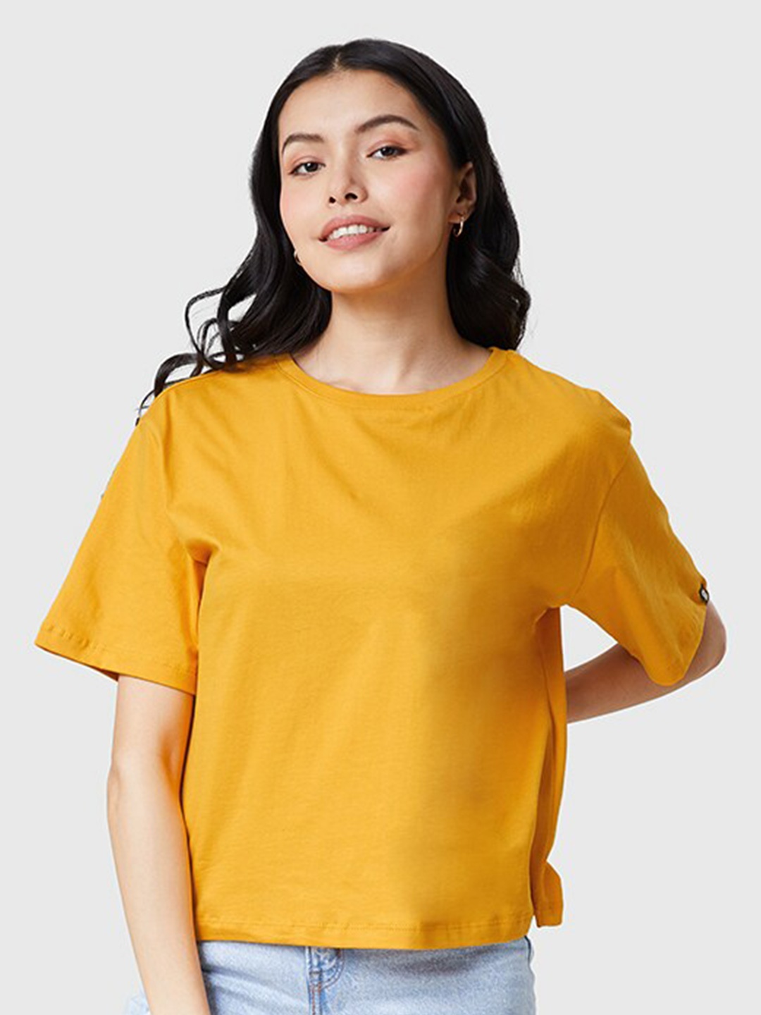 

The Souled Store Women Mustard Yellow Solid Round Neck Oversized T-Shirt
