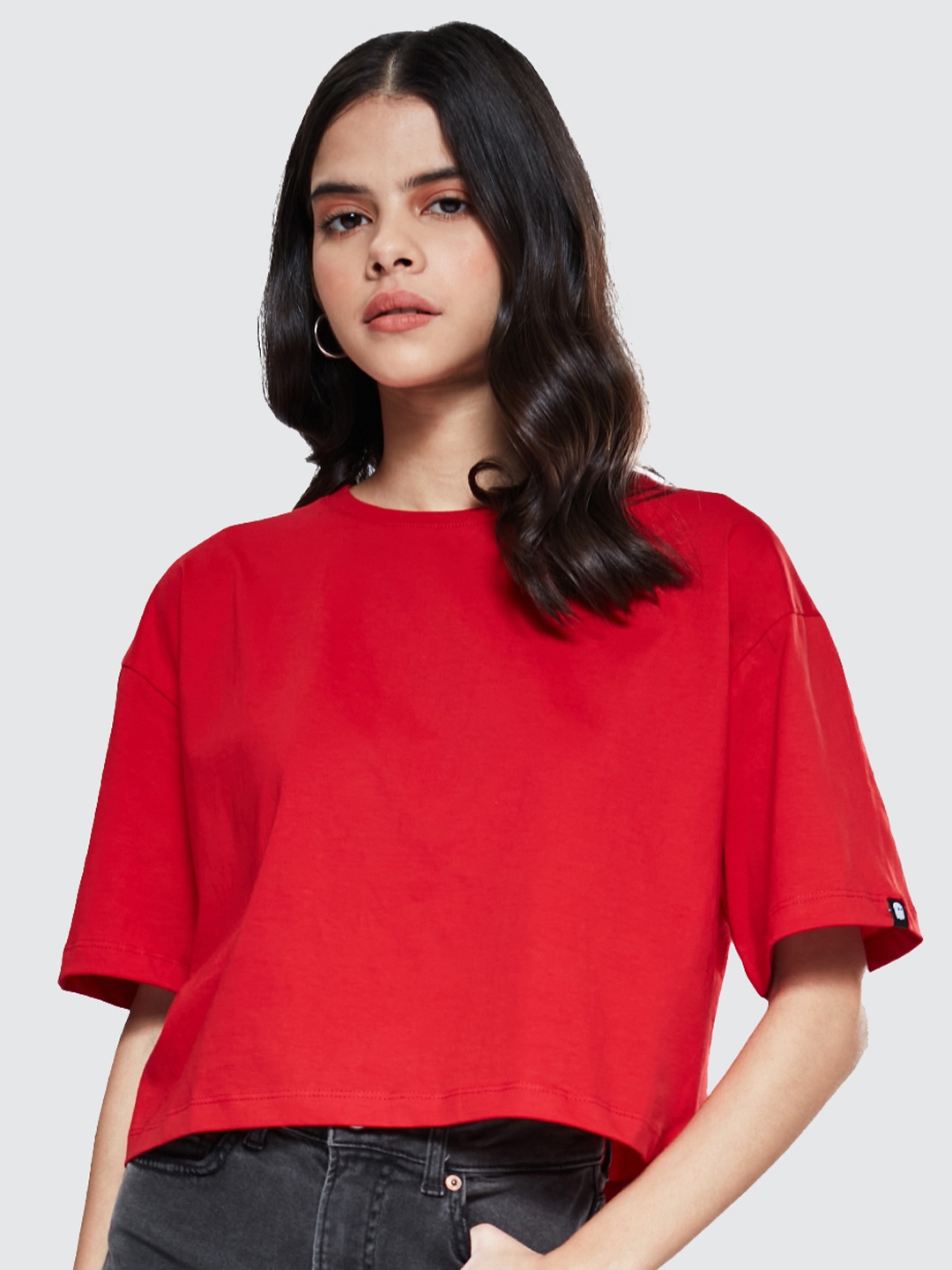 

The Souled Store Women Red Cotton Drop-Shoulder Sleeves Oversized T-shirt