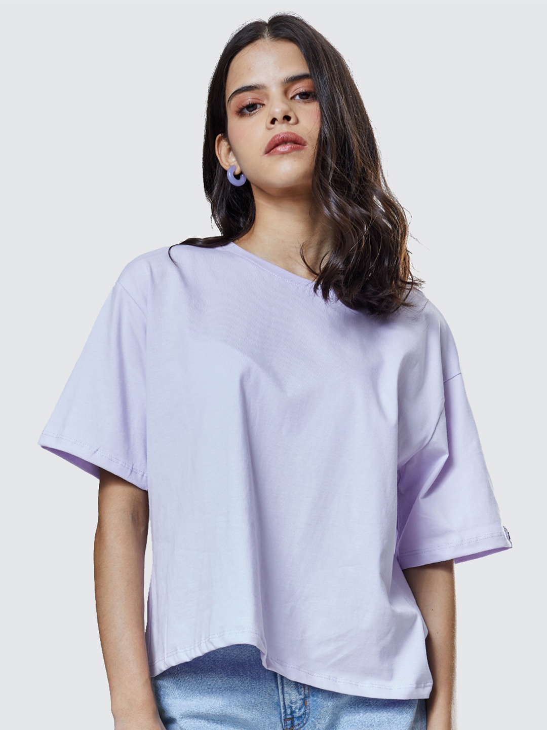 

The Souled Store Women Lavender Solid Round Neck Oversized T-Shirt