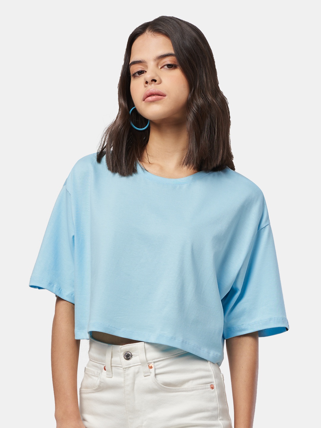 

The Souled Store Women Sky Blue Solid Oversized Crop T-Shirt
