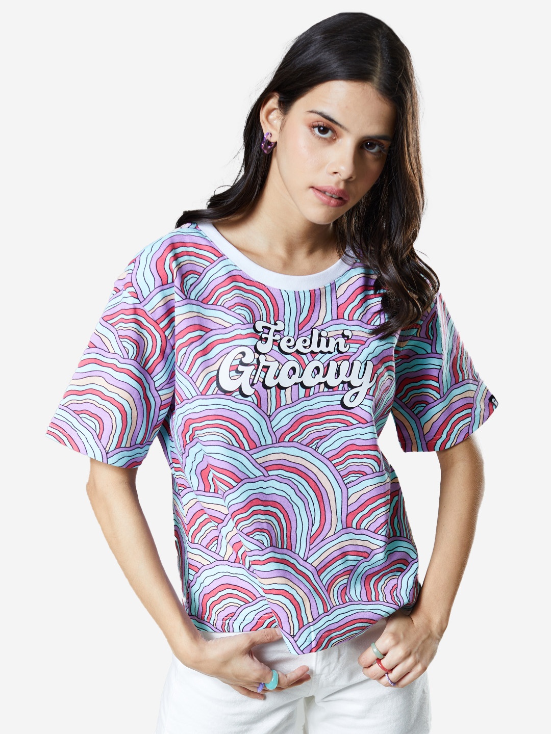 

The Souled Store Women Red Printed Tropical Raw Edge Oversized T-shirt
