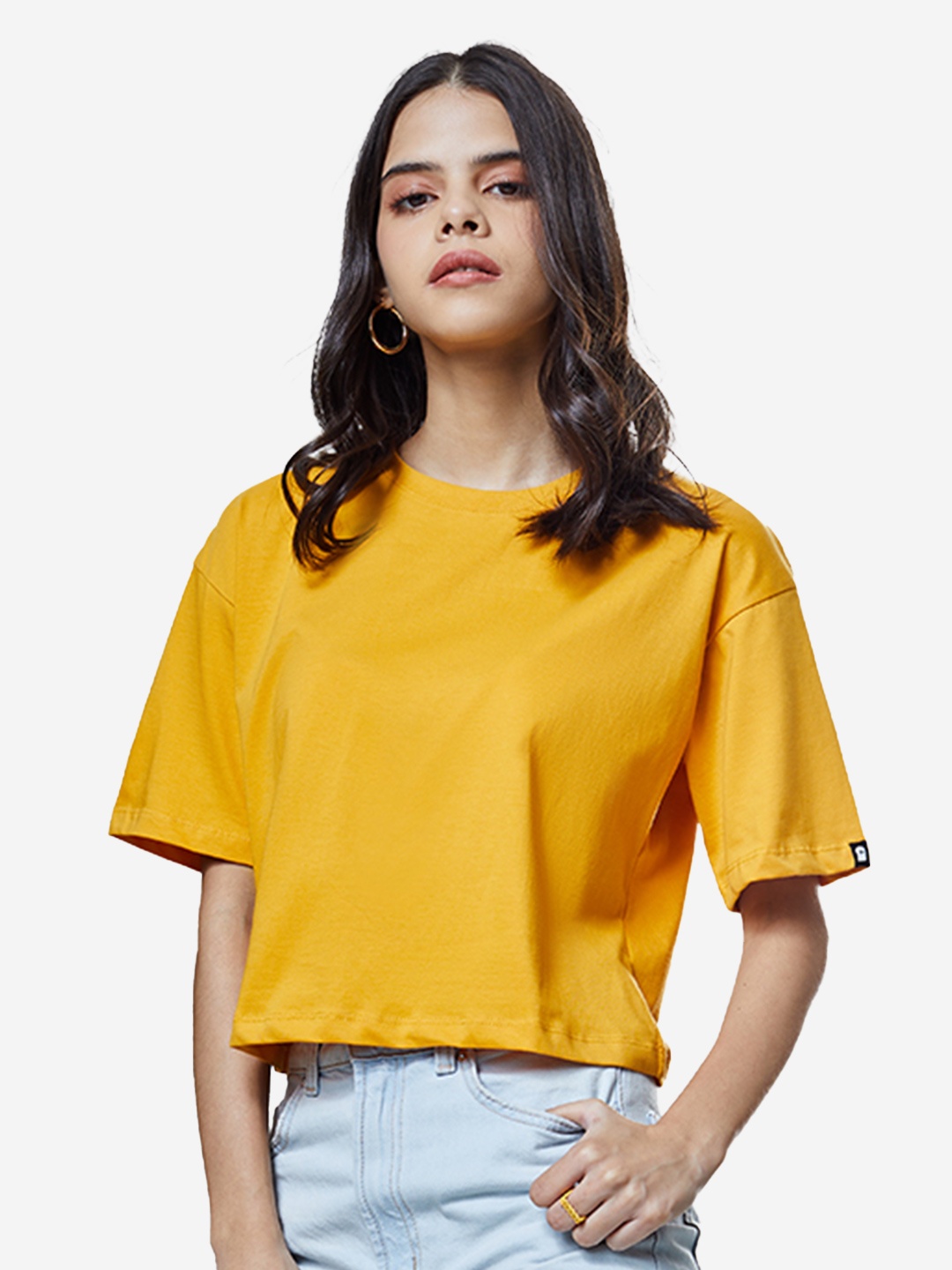 

The Souled Store Women Mustard Yellow Solid Oversized Crop T-Shirt