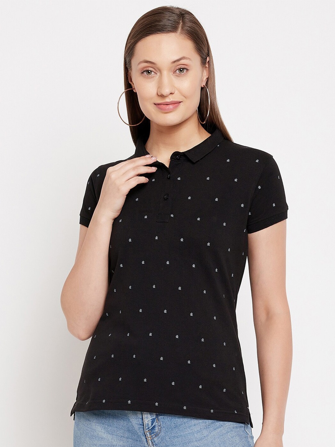 

Okane Women Black Printed Polo Collar T-shirt