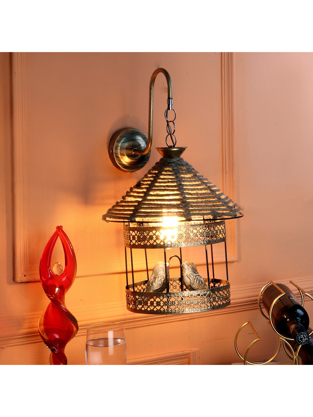 

MFD HOME FURNISHING Gold-Toned Bird Cage Wall Lamp