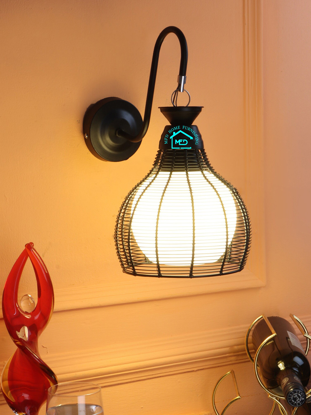 

MFD HOME FURNISHING Black Textured Bell Shaped Wall Lamps