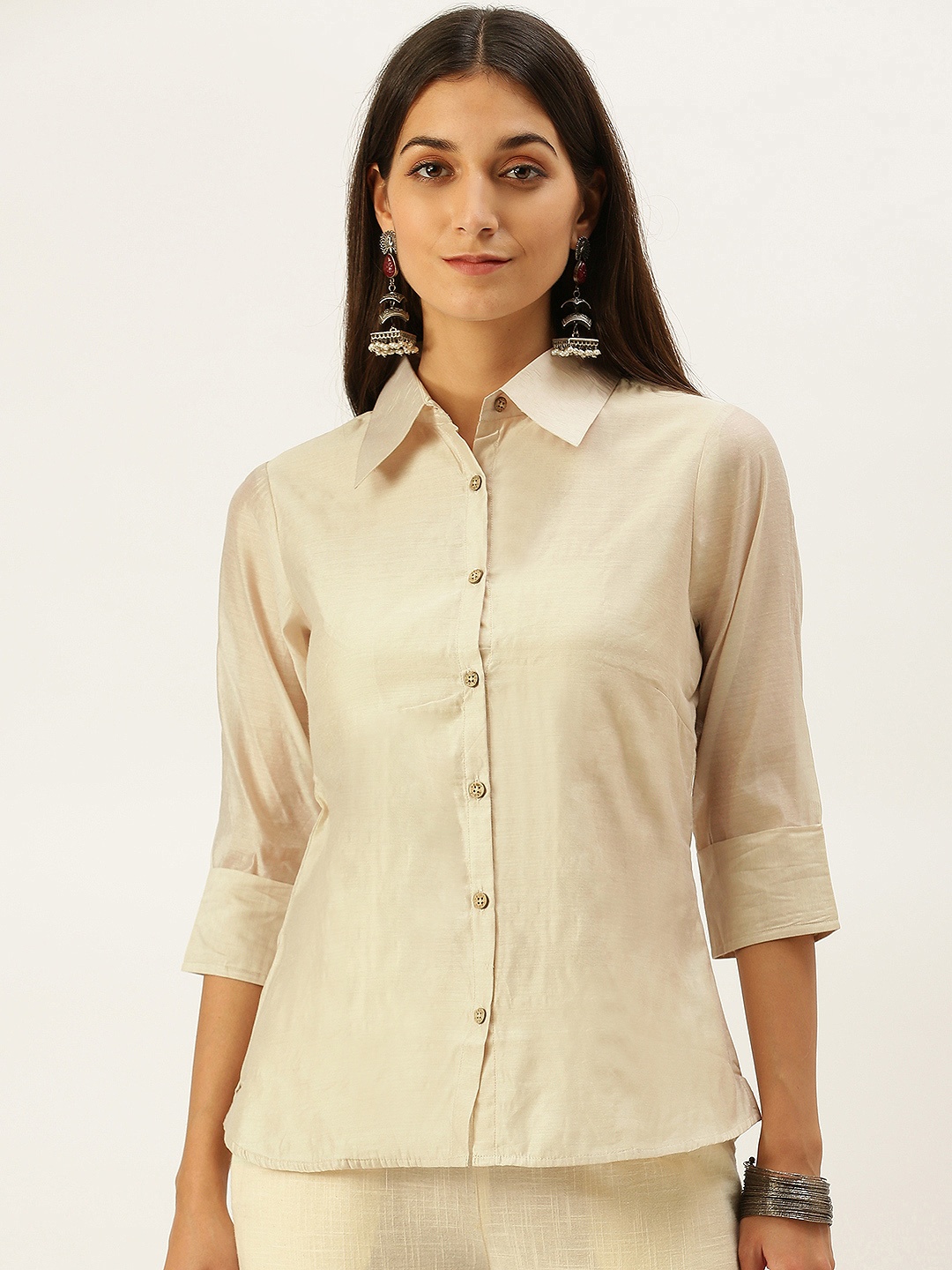 

Vedic Gold-Toned & Gold-Toned Floral Printed Shirt Collar Chanderi Cotton Kurti