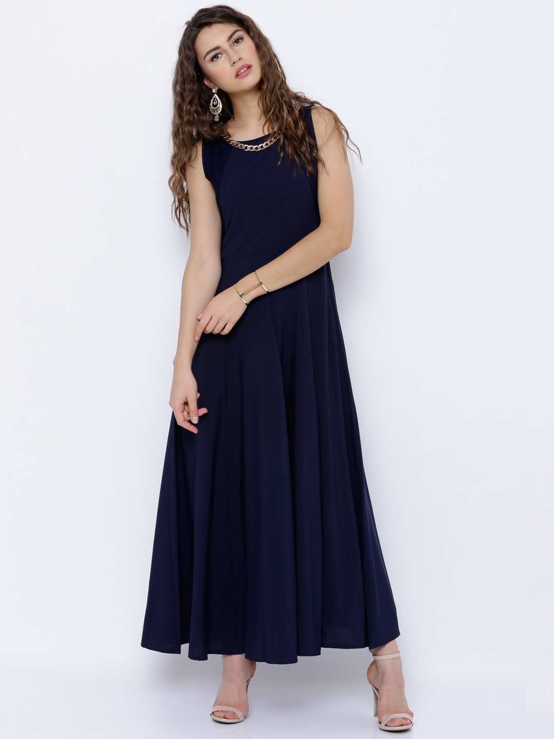 

Tokyo Talkies Women Navy Solid Maxi Dress with Lace Inserts, Navy blue