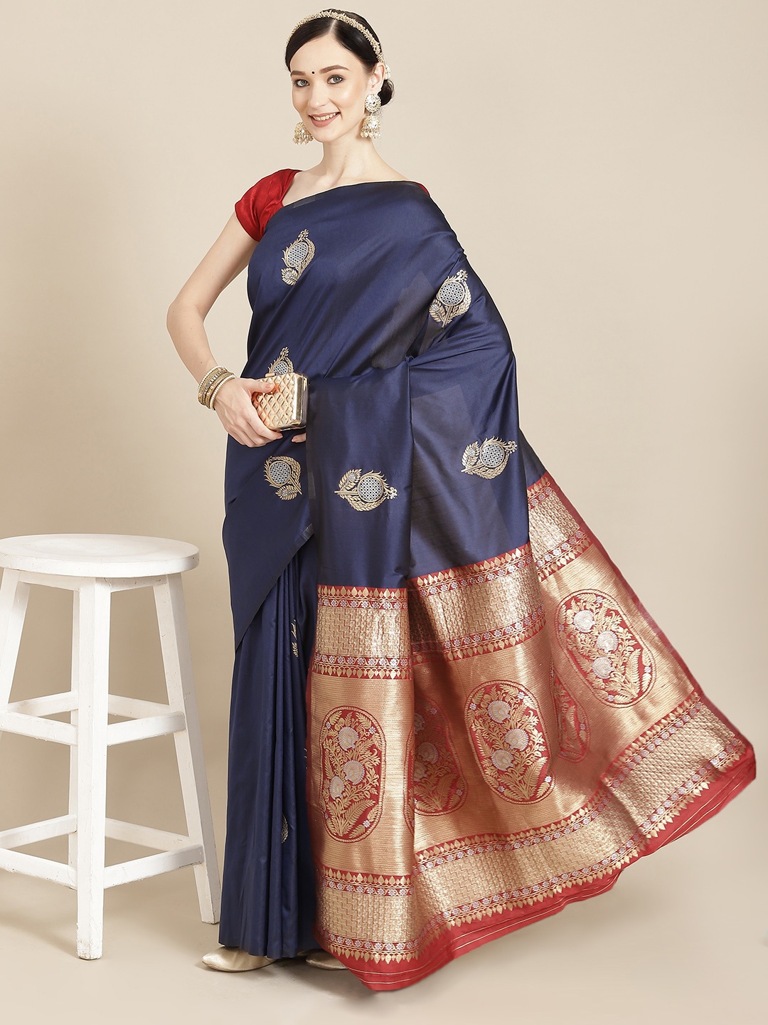 

Leeza Store Navy Blue & Red Ethnic Motifs Zari Silk Blend Banarasi Saree