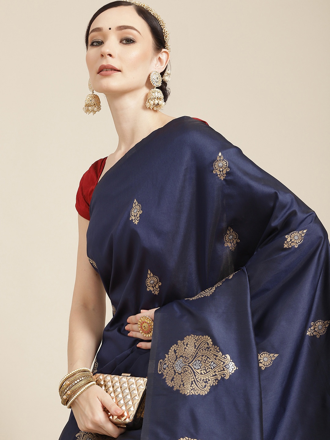 

Leeza Store Navy Blue & Red Ethnic Motifs Zari Silk Blend Banarasi Saree