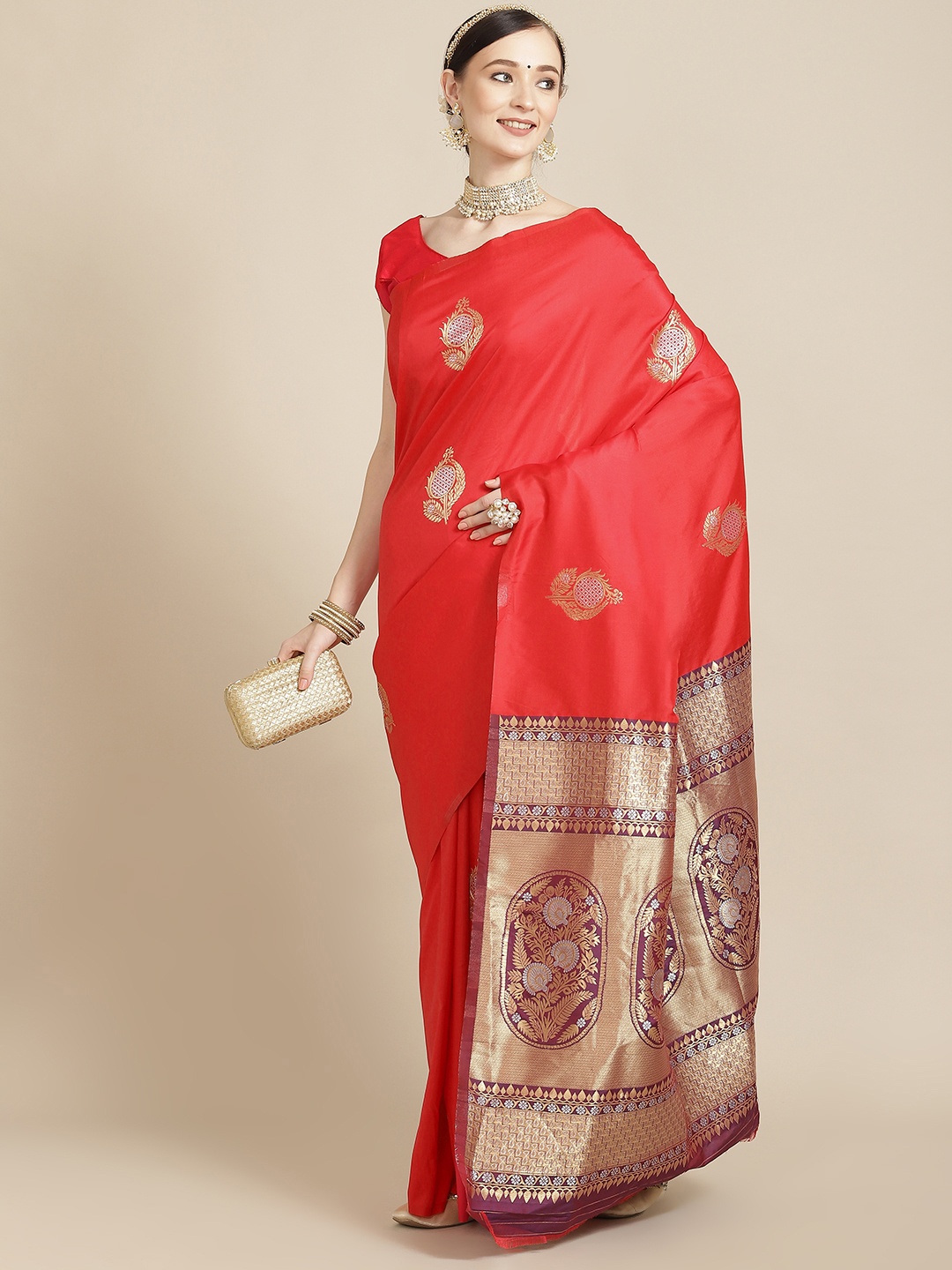 

Leeza Store Red & Burgundy Ethnic Motifs Zari Silk Blend Banarasi Saree