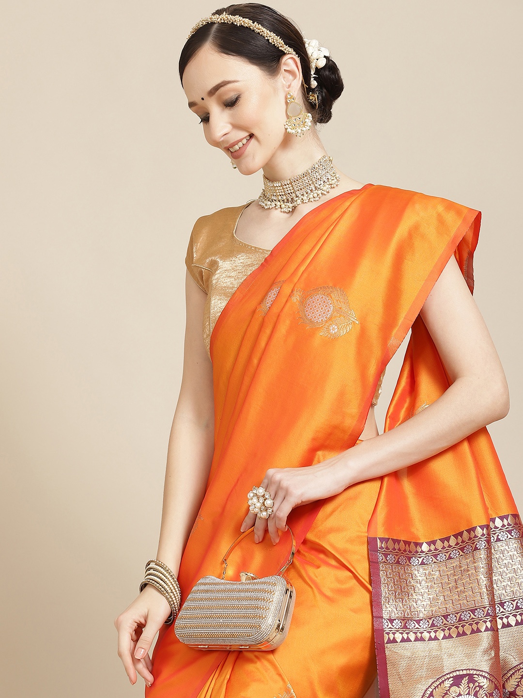 

Leeza Store Orange & Gold-Toned Ethnic Motifs Zari Silk Blend Banarasi Saree
