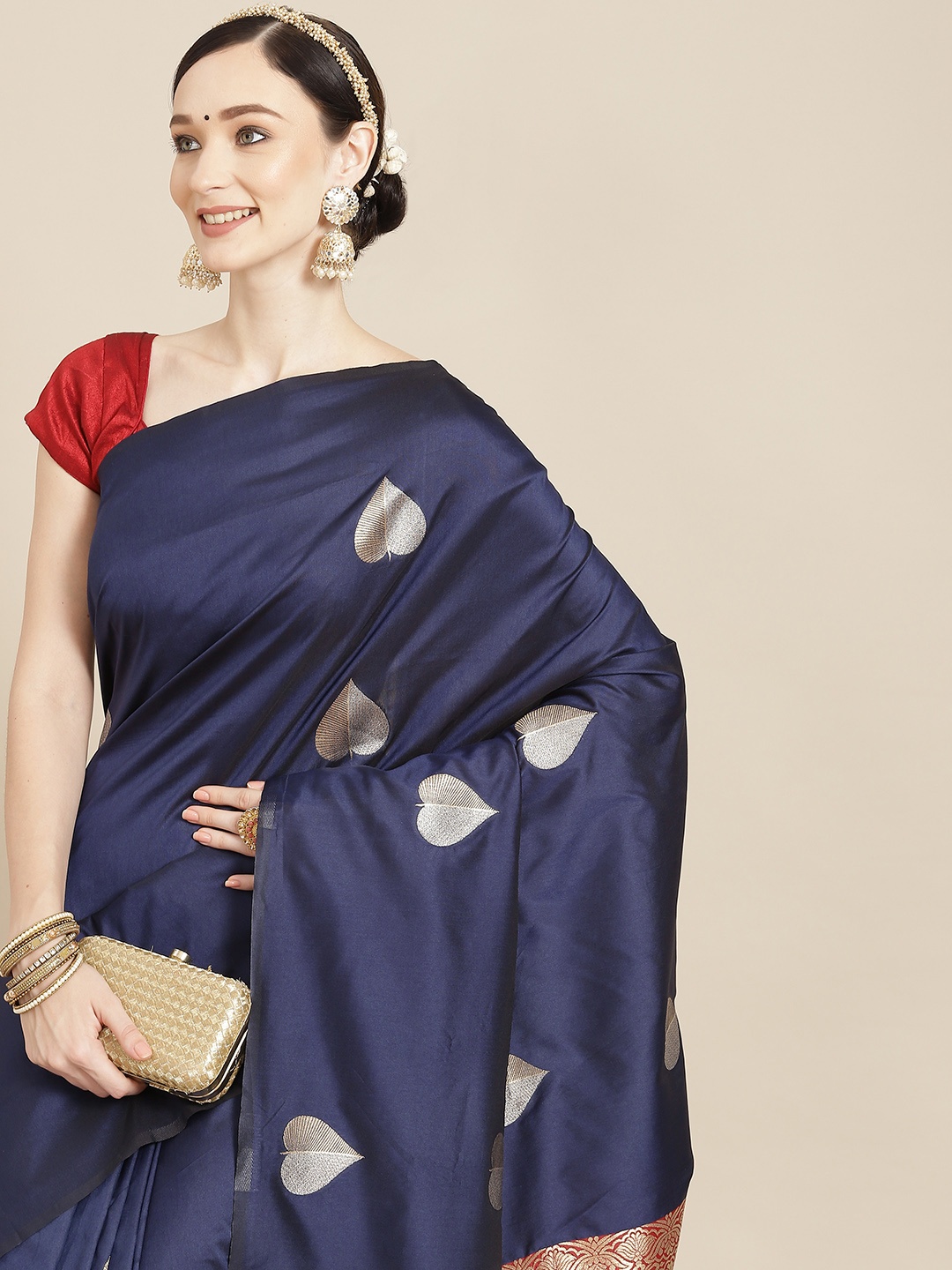 

Leeza Store Navy Blue & Red Ethnic Motifs Zari Silk Blend Banarasi Saree