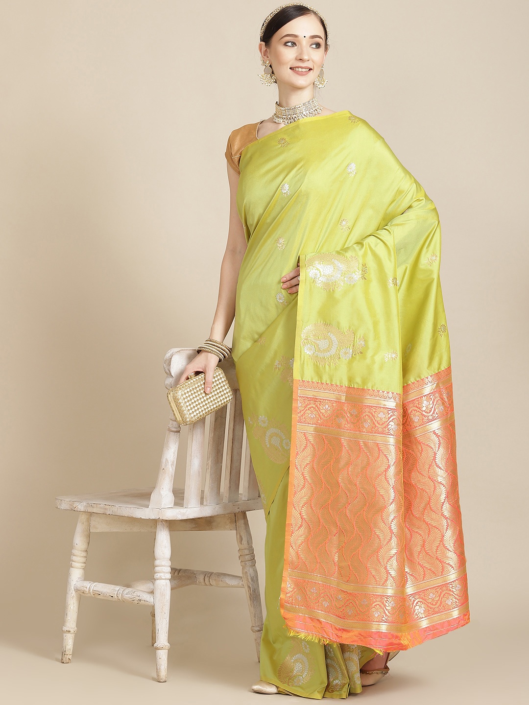

Leeza Store Lime Green & Coral Ethnic Motifs Zari Silk Blend Banarasi Saree