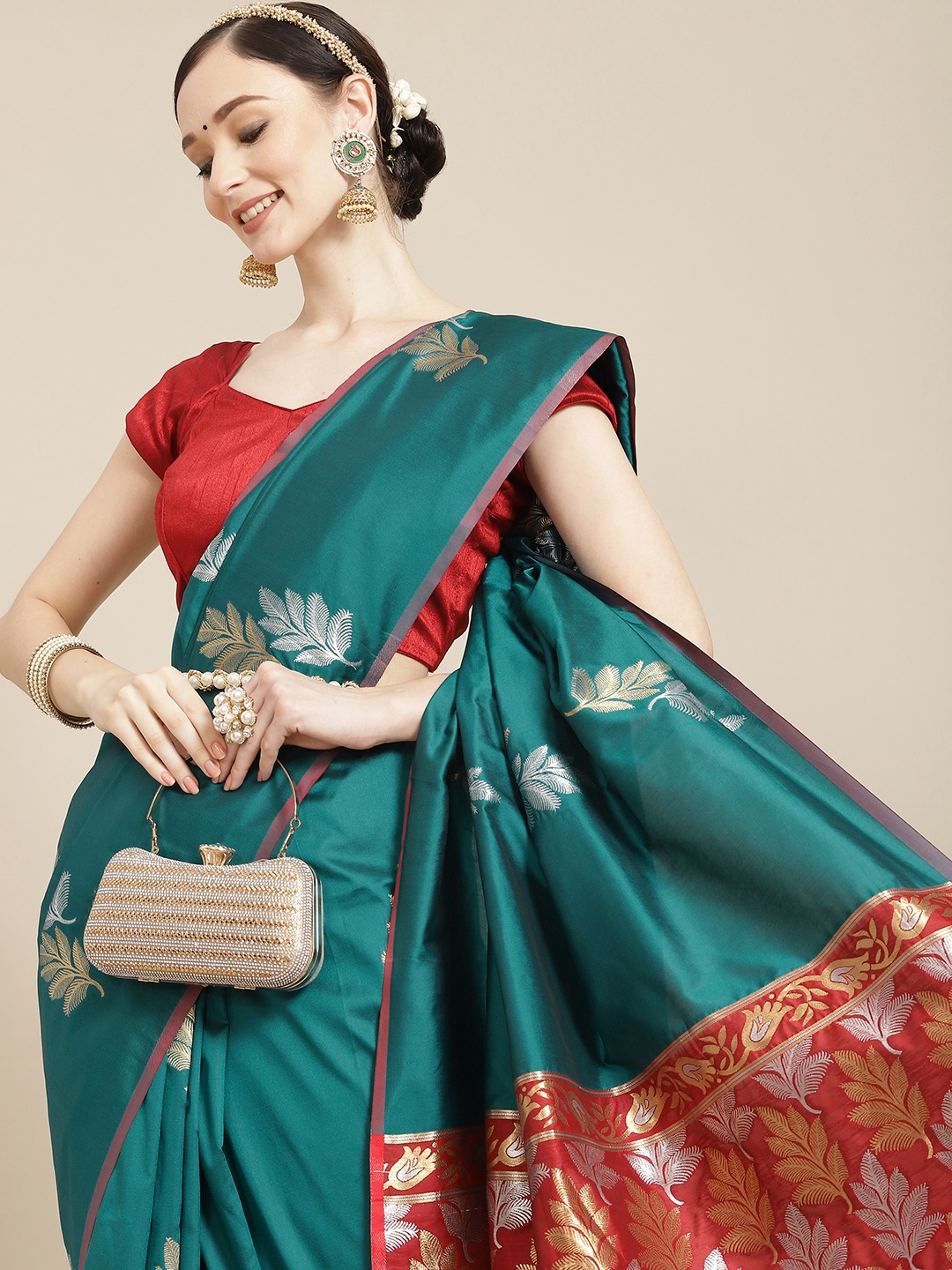 

Leeza Store Teal & Red Ethnic Motifs Zari Silk Blend Banarasi Saree