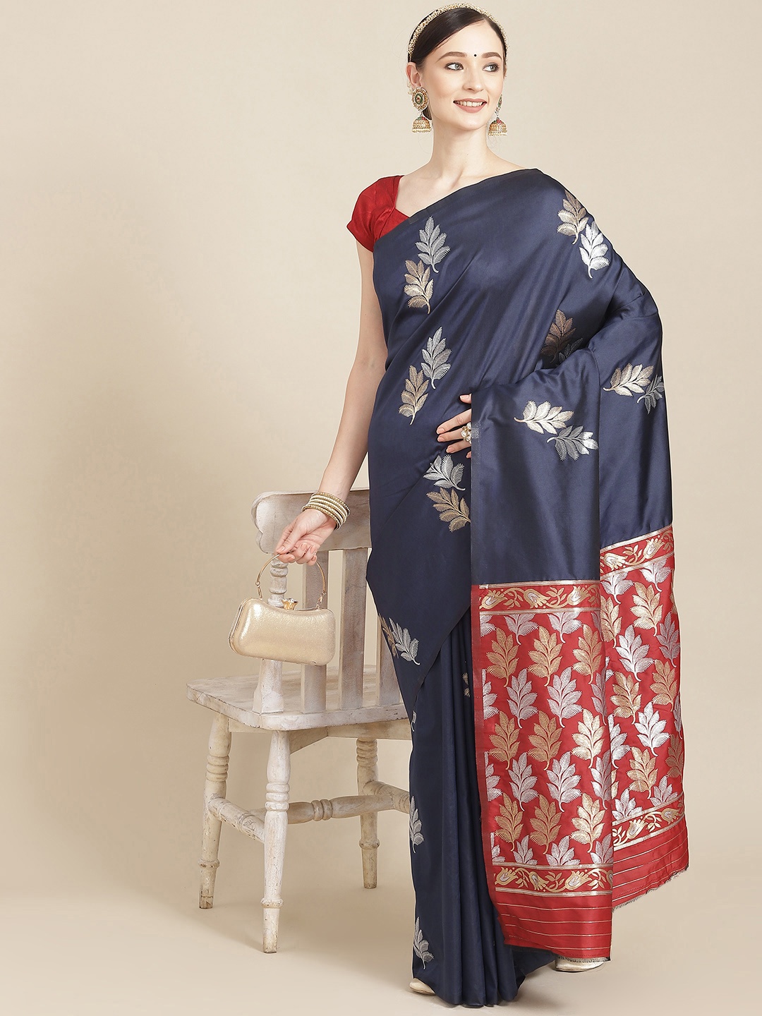 

Leeza Store Navy Blue & Red Ethnic Motifs Zari Silk Blend Banarasi Saree