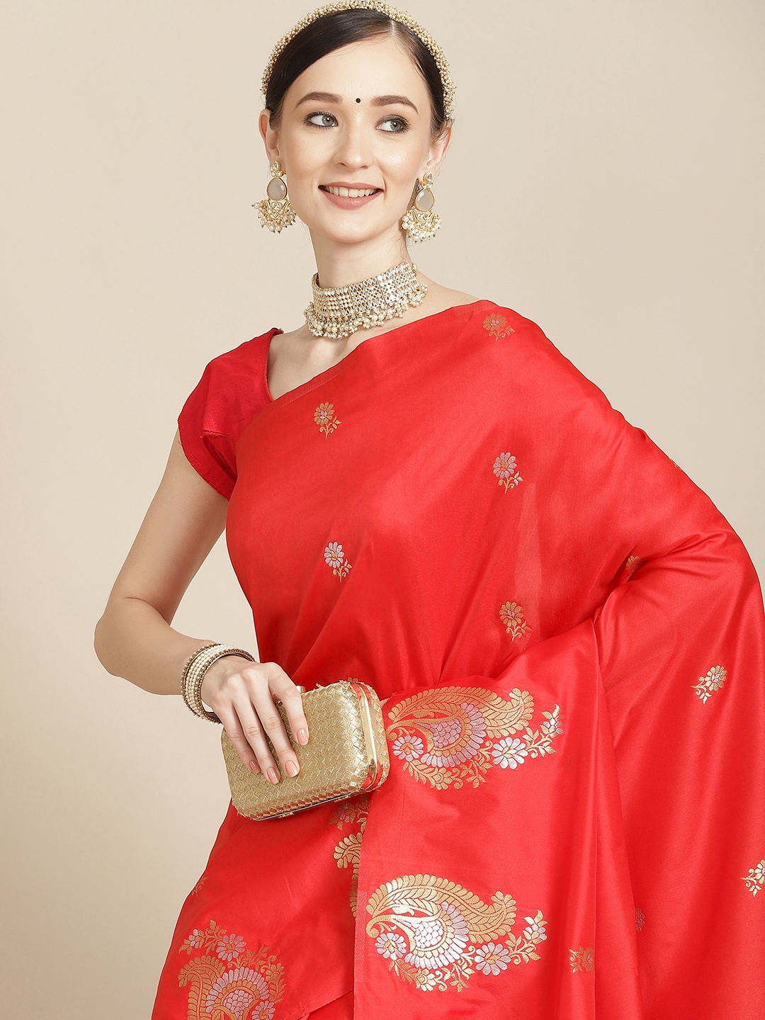 

Leeza Store Red & Gold-Toned Ethnic Motifs Zari Silk Blend Banarasi Saree