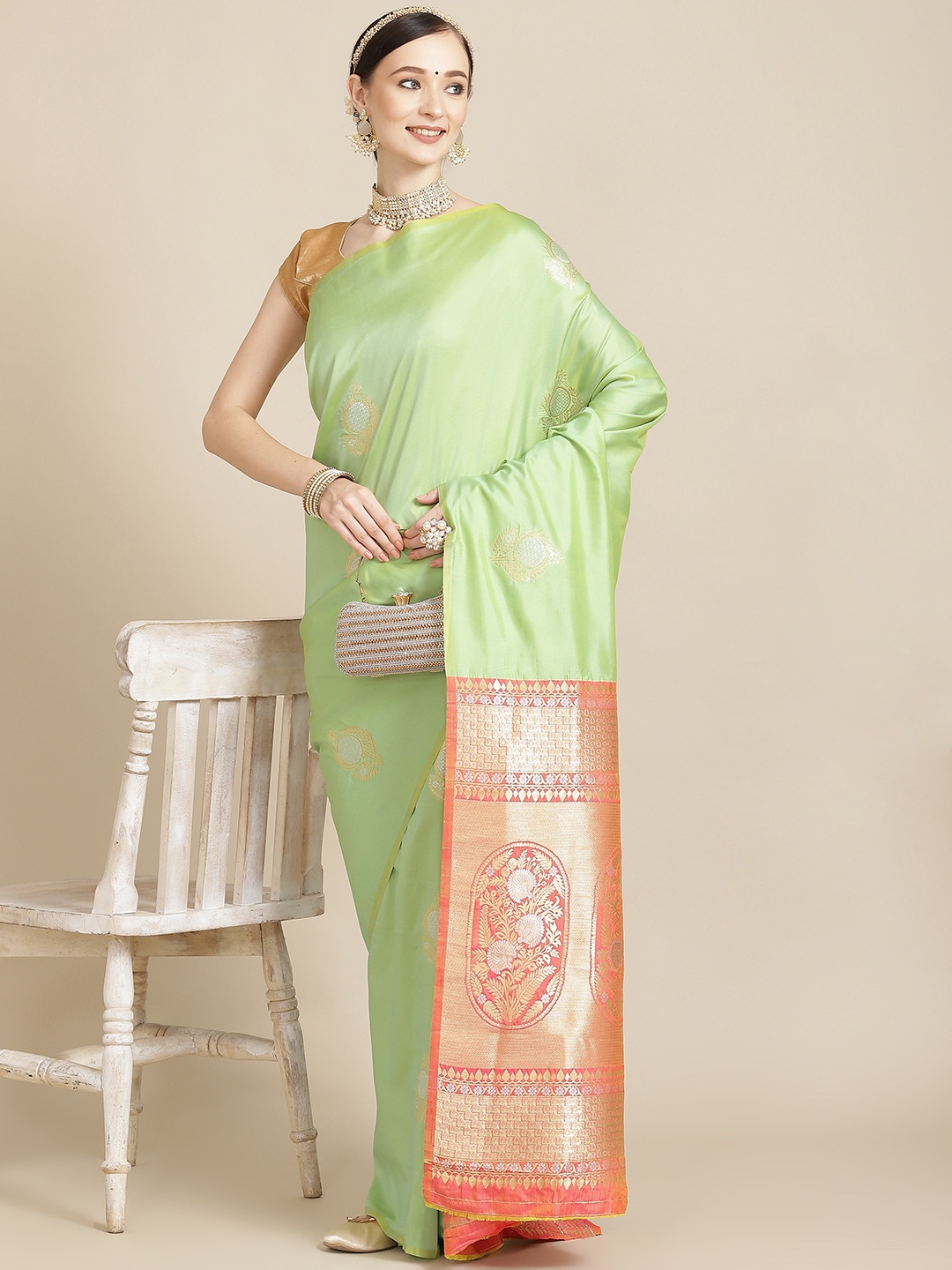 

Leeza Store Green & Peach-Coloured Ethnic Motifs Zari Silk Blend Banarasi Saree